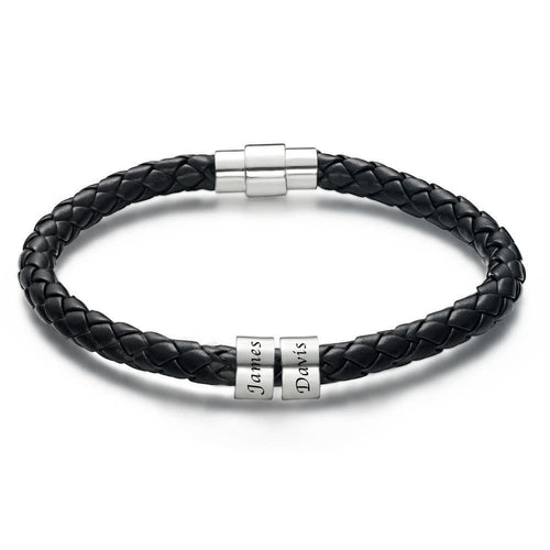 Men's Leather Bracelet Custom Engraved Bracelet Black Leather Beads
