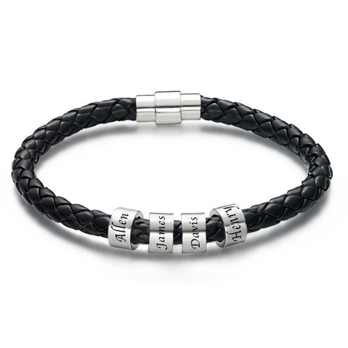 Men's Leather Bracelet Custom Engraved Bracelet Black Leather Beads