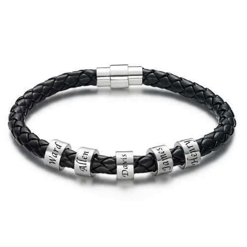 Men's Leather Bracelet Custom Engraved Bracelet Black Leather Beads